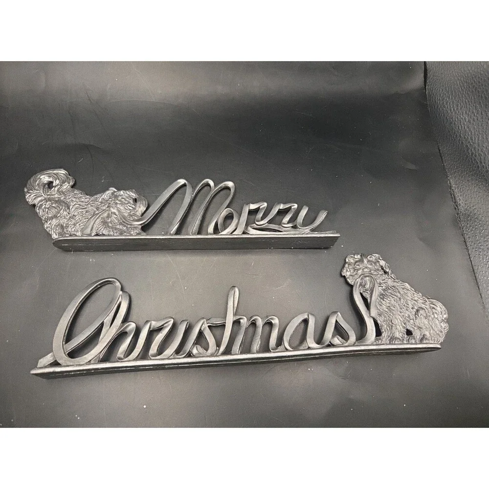 Metzke Pewter Vintage 2 Piece Merry Christmas  Dogs Pulling Ribbon for Mantle